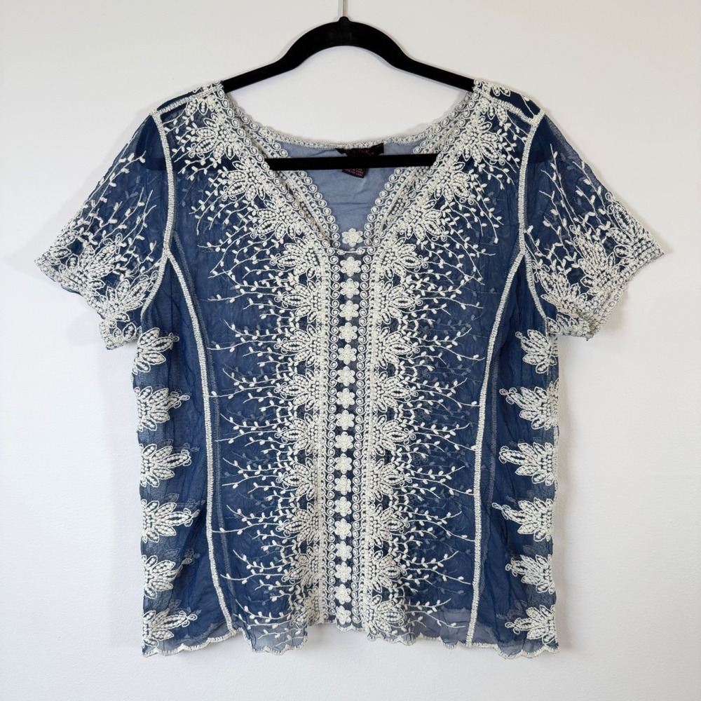 Blue Embroidered Mesh Blouse Laceβ Sheer Boho Cottagecore Floral Ditsy Top XXL